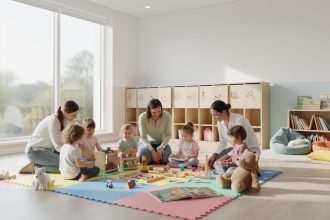 Enfants jouant joyeusement dans une crèche moderne en 2026