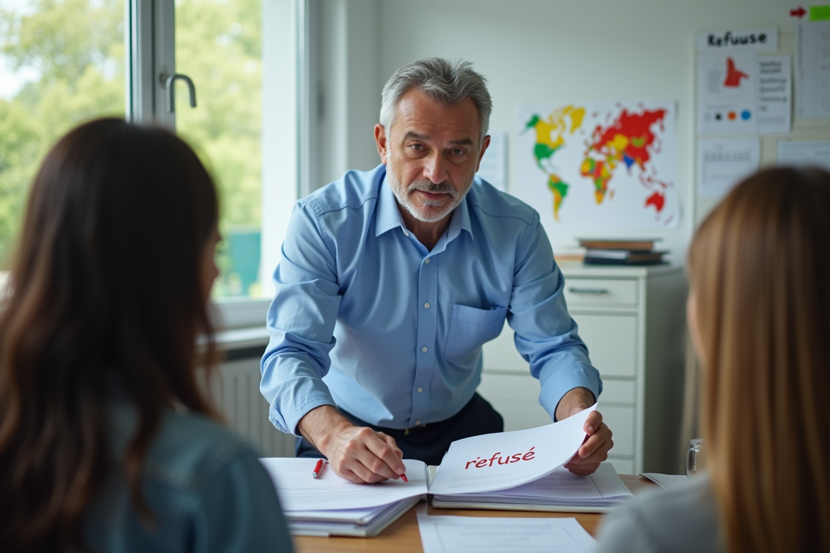 Administrateur scolaire expliquant un refus à un parent