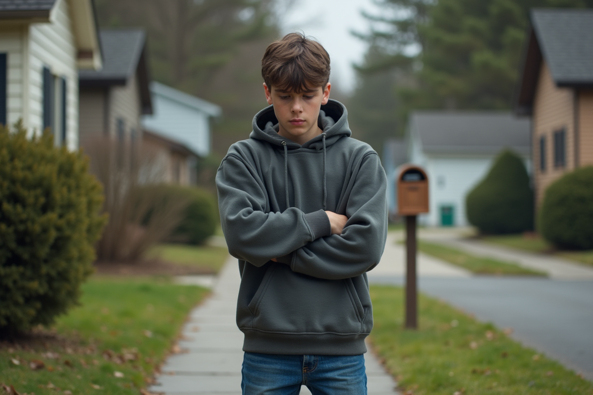 Adolescent seul dans une rue résidentielle