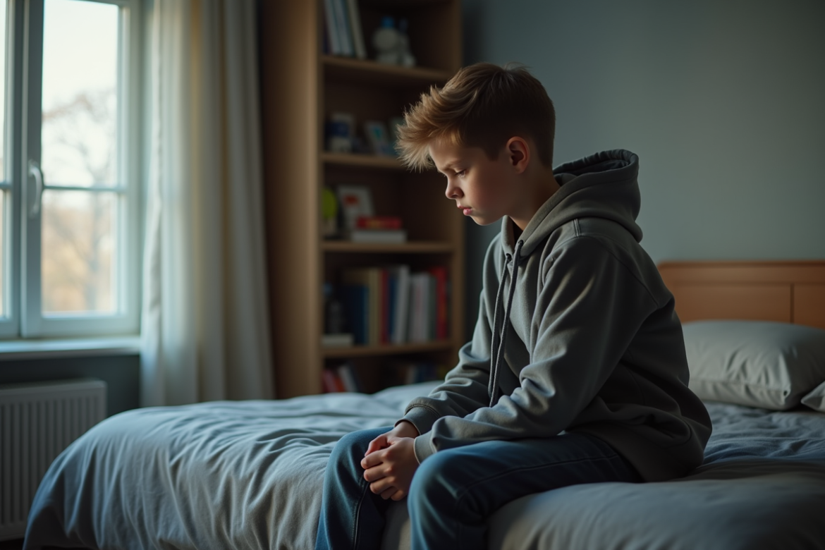 Jeune garçon seul sur le lit dans une chambre calme