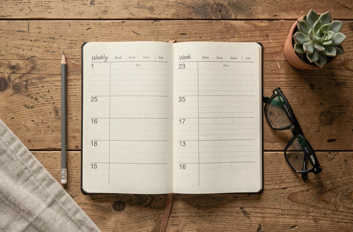Vue de dessus d'un agenda ouvert sur les semaines paires et impaires posé sur une table en chêne avec des accessoires de bureau