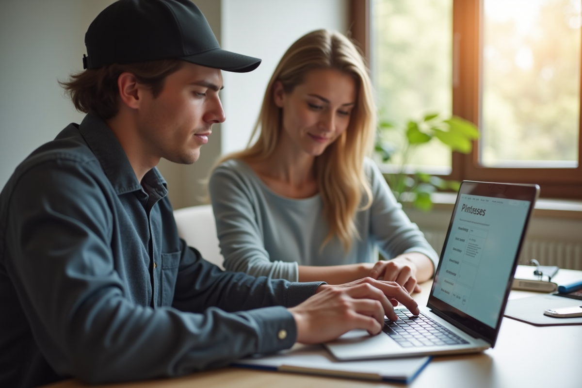 Partenaire aidant son conjoint avec un ordinateur portable dans un bureau moderne