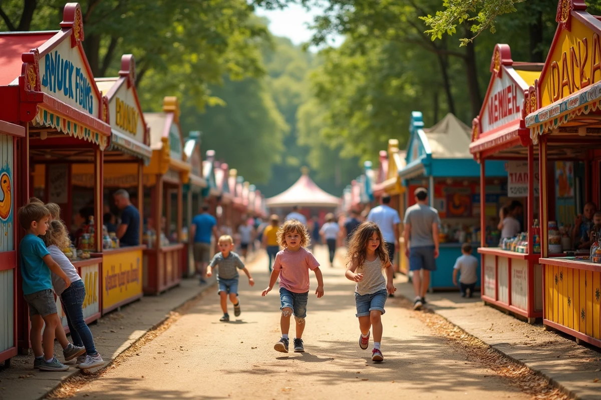 Allée de jeux et stands animés lors d'une kermesse communautaire en plein air avec des enfants et familles