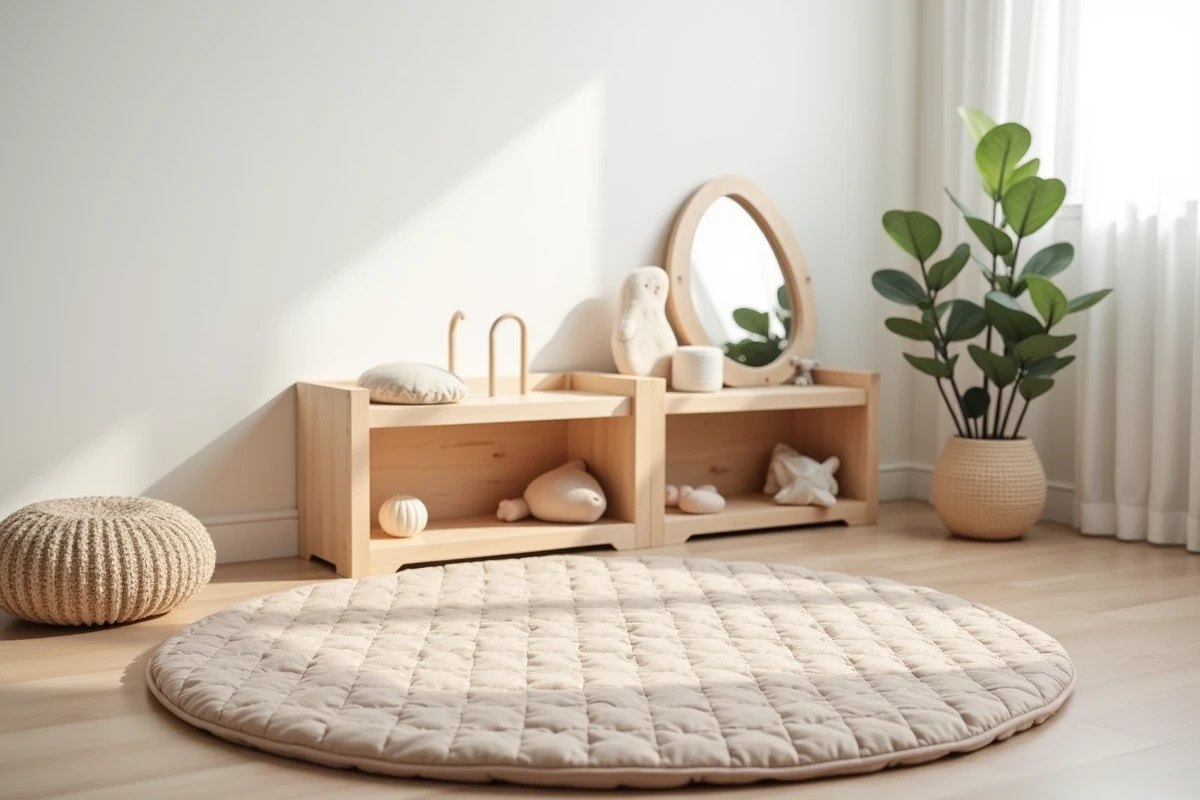 Coin de jeu aménagé au sol pour bébé avec tapis matelassé, étagère Montessori en bois et jouets sensoriels, sans bébé, vue d'ensemble minimaliste