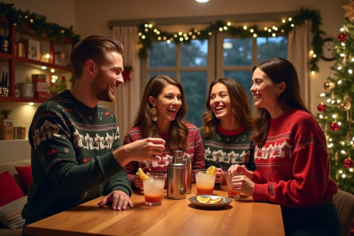 Groupe d'amis préparant des cocktails de Noël dans la cuisine chaleureuse