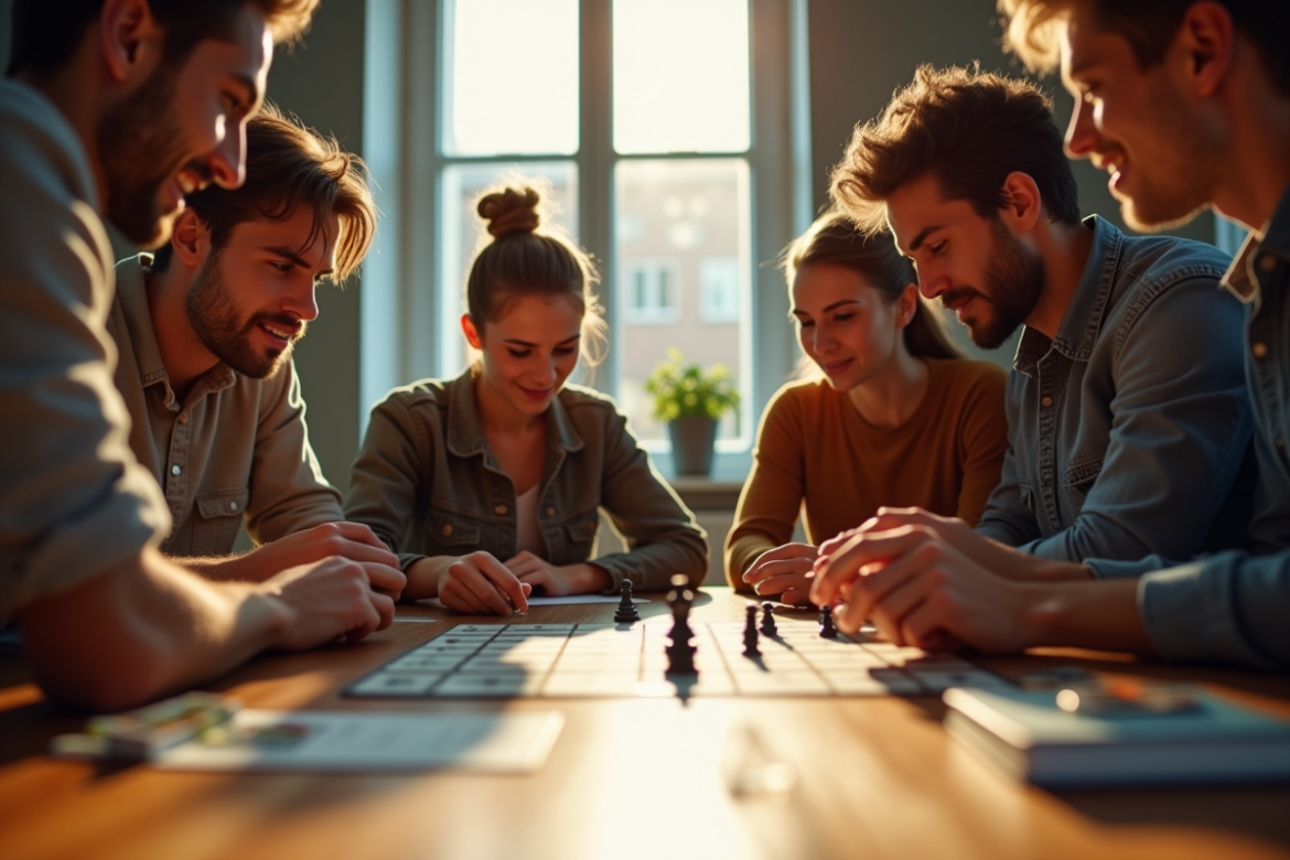 Amis jouant à un jeu de société moderne en journée