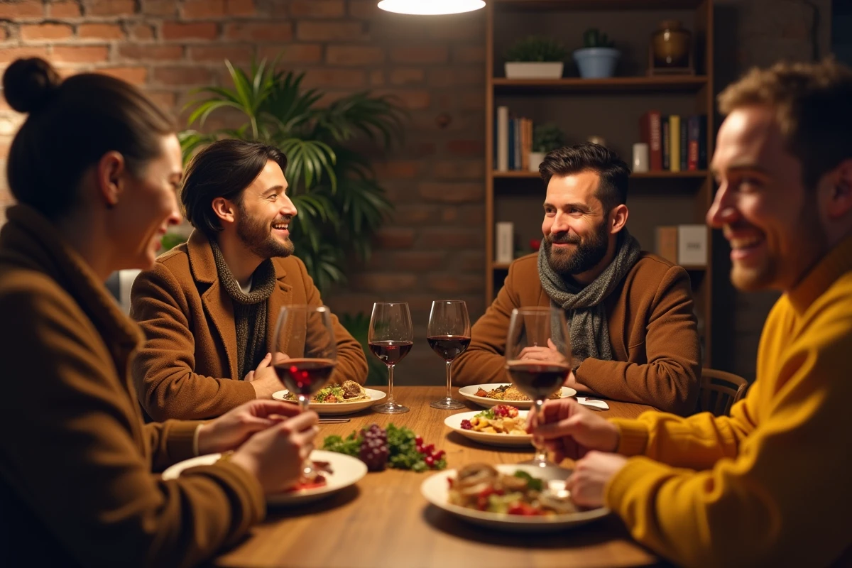 Groupe d'amis réunis autour d'un repas dans un appartement parisien évoquant des confidences entre proches