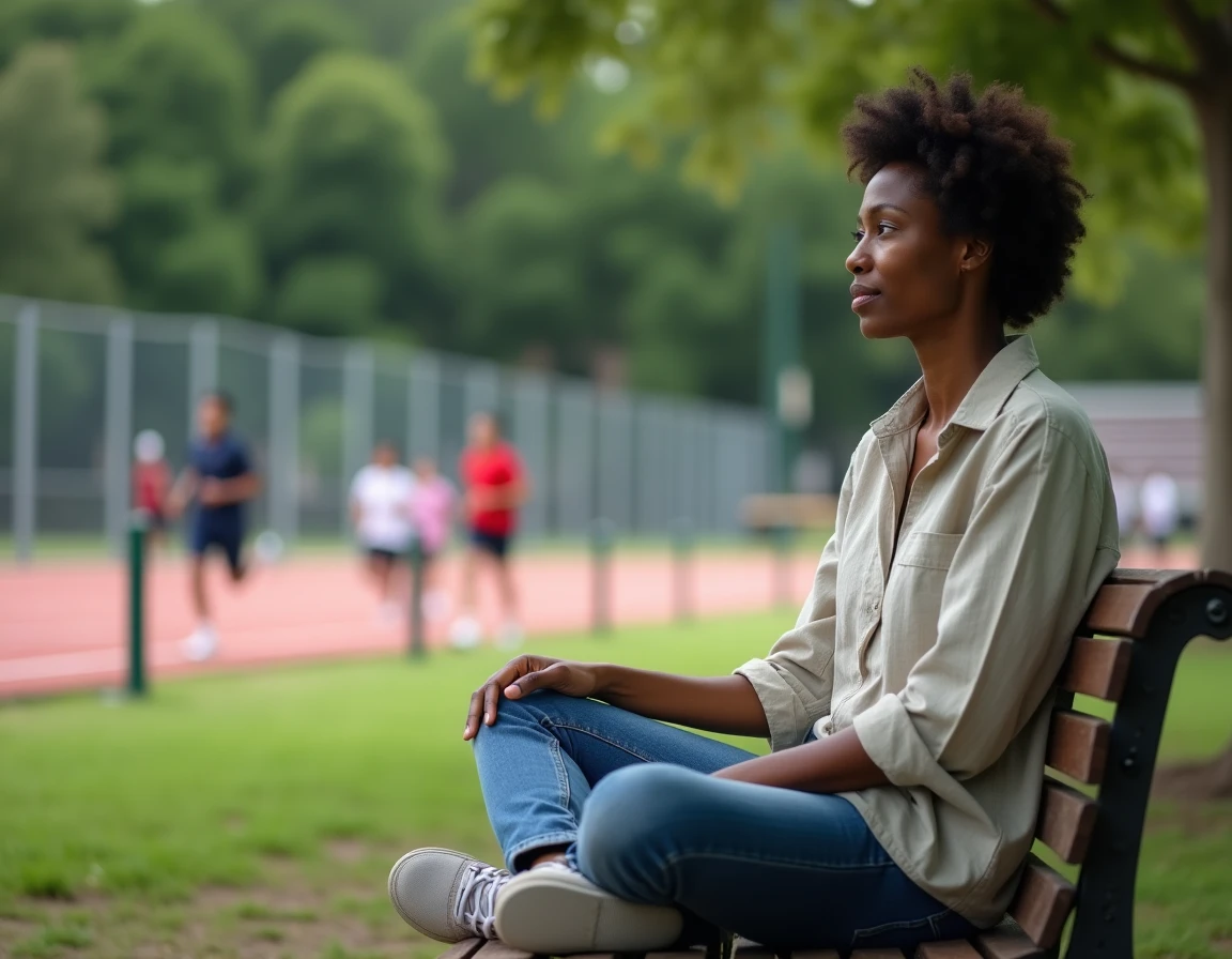 Femme ancienne athlète assise dans un parc observant de jeunes sportifs s'entraîner, symbolisant la transmission du sport et la maternité