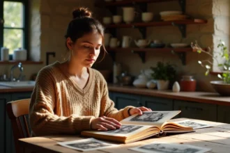 Femme parcourant des albums de famille vintage dans une cuisine de campagne française, évoquant les origines familiales et la transmission des racines