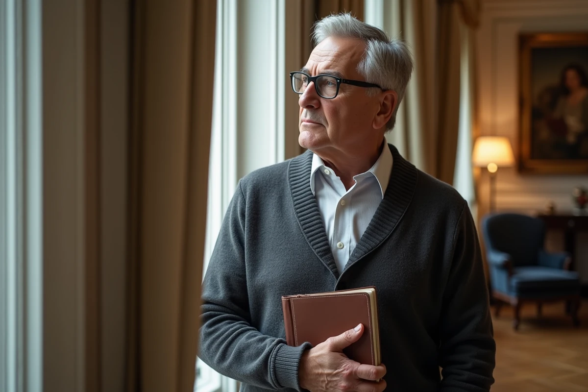 Auteur reconnu contemplant depuis sa fenêtre parisienne en protégeant jalousement sa vie privée