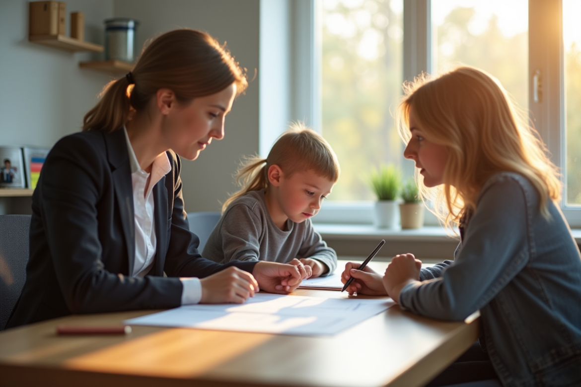 Avocat familial expliquant des documents juridiques à un parent