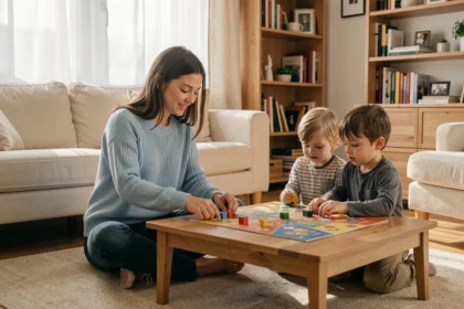Baby-sitter assise par terre avec deux enfants jouant à un jeu de société dans un salon moderne