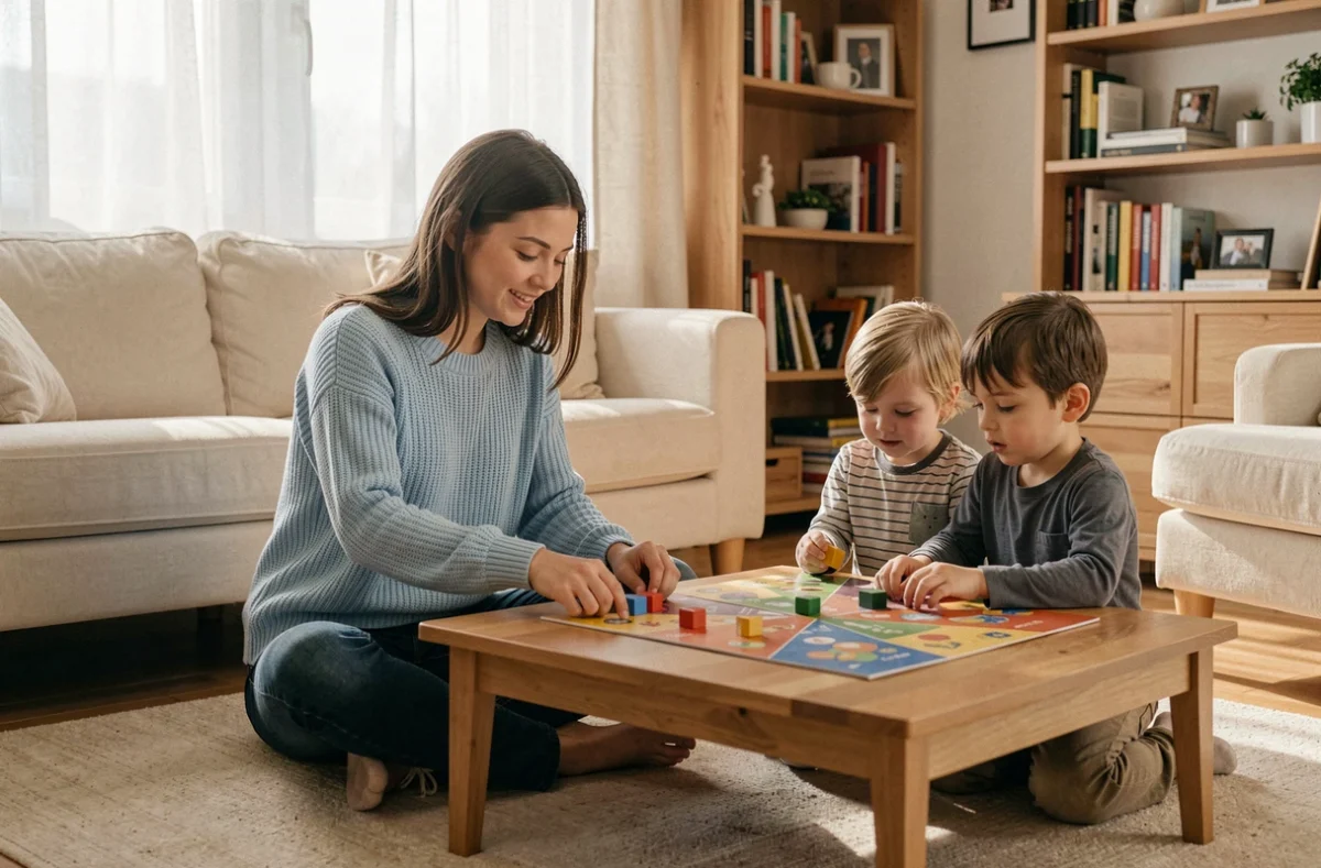 Baby-sitter assise par terre avec deux enfants jouant à un jeu de société dans un salon moderne