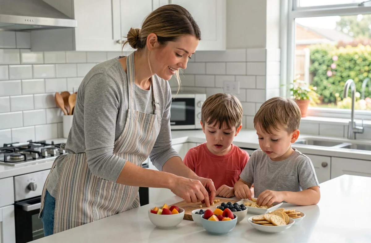 Baby-sitter aidant deux enfants à préparer un goûter dans une cuisine moderne