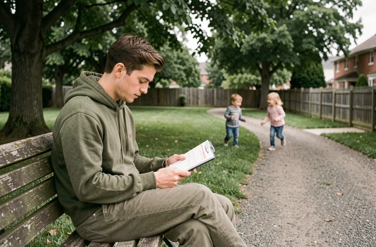 Baby-sitter masculin consultant un planning dans un parc pendant que deux enfants jouent en arrière-plan