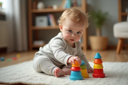Bébé garçon de 8 mois joue avec des tasses colorées dans un salon chaleureux