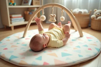 Bébé de 4 mois allongé sur le dos sur un tapis de jeu pastel avec un arche d'activités en bois, dans une chambre moderne aux teintes naturelles