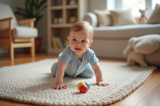 Bebe de 9 mois rampe dans un salon chaleureux