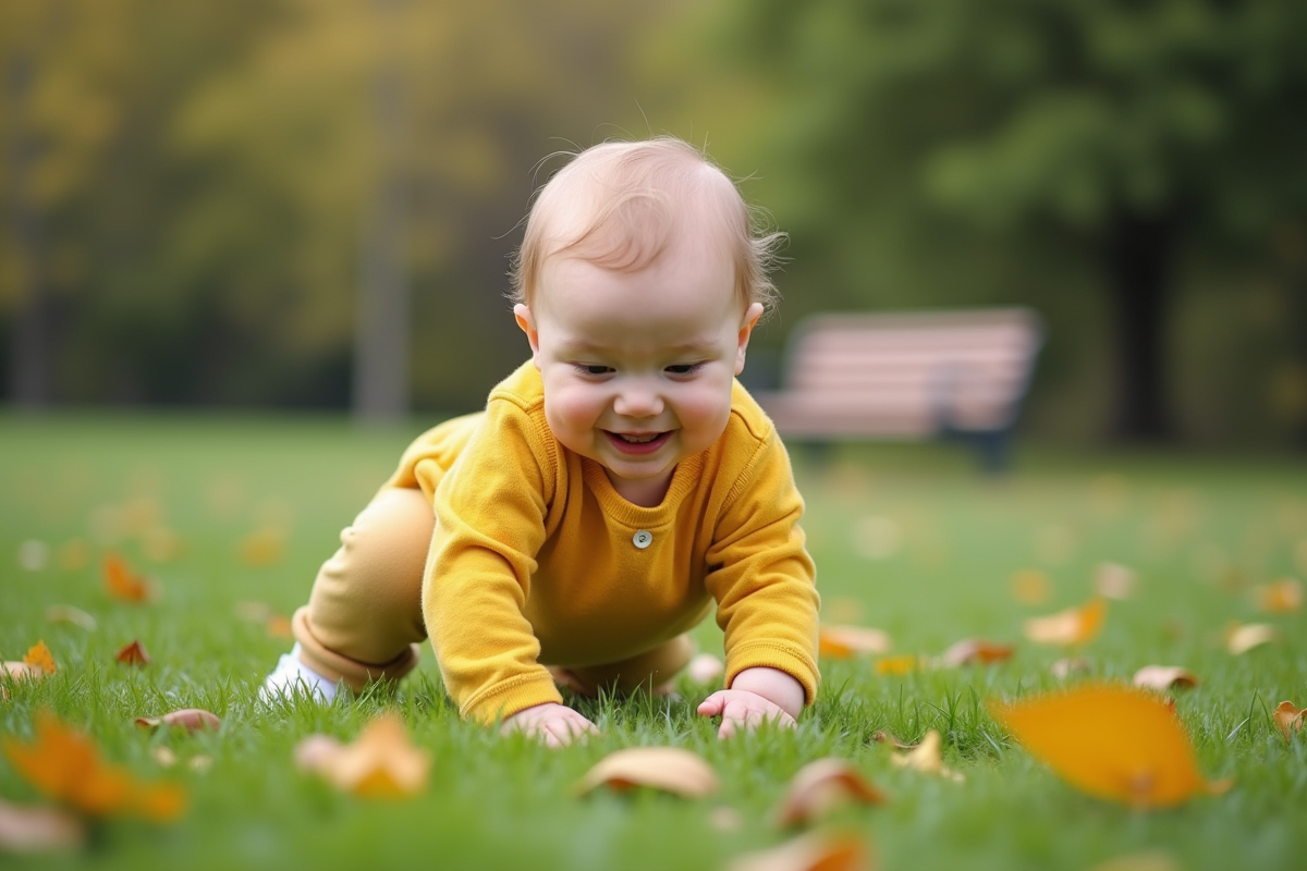 Bebe fille de 11 mois explore un parc en ramant
