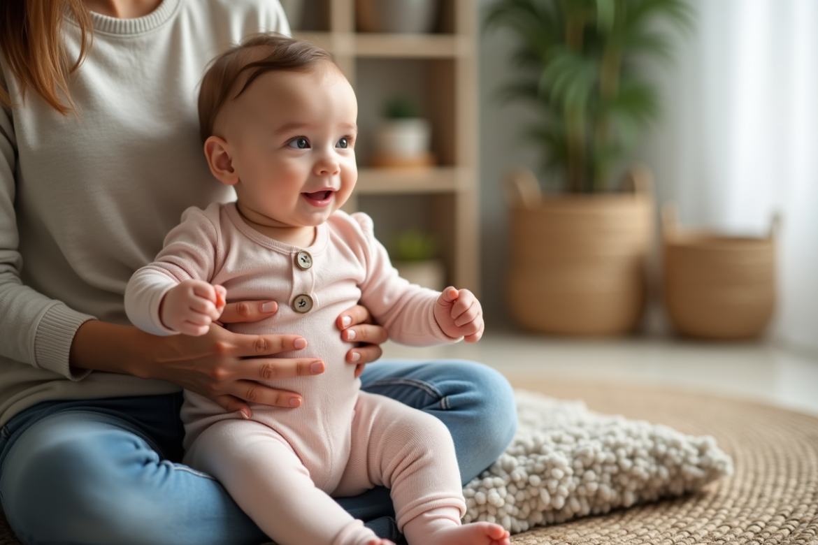 Bebe fille assise sur les genoux de ses parents dans un salon cosy