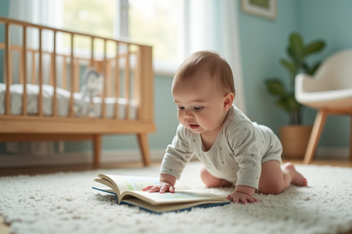 Fille de 8 mois rampe vers un livre dans une nurserie douce