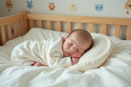 Bébé nouveau-né endormi dans un sac de couchage en coton dans une nurserie douce