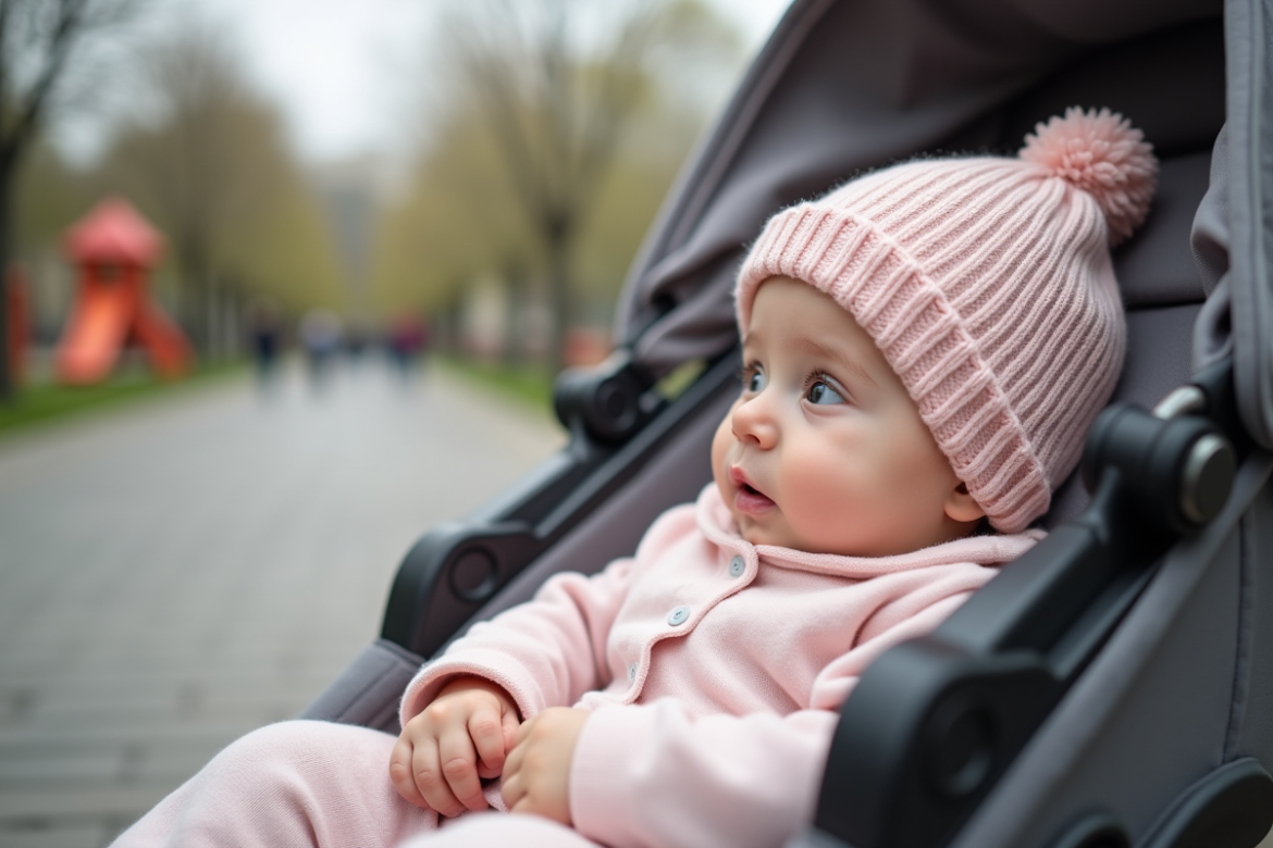 Bébé fille en poussette dans un parc au printemps