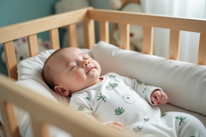 Bebe paisible dans un berceau moderne dans une nurserie douce