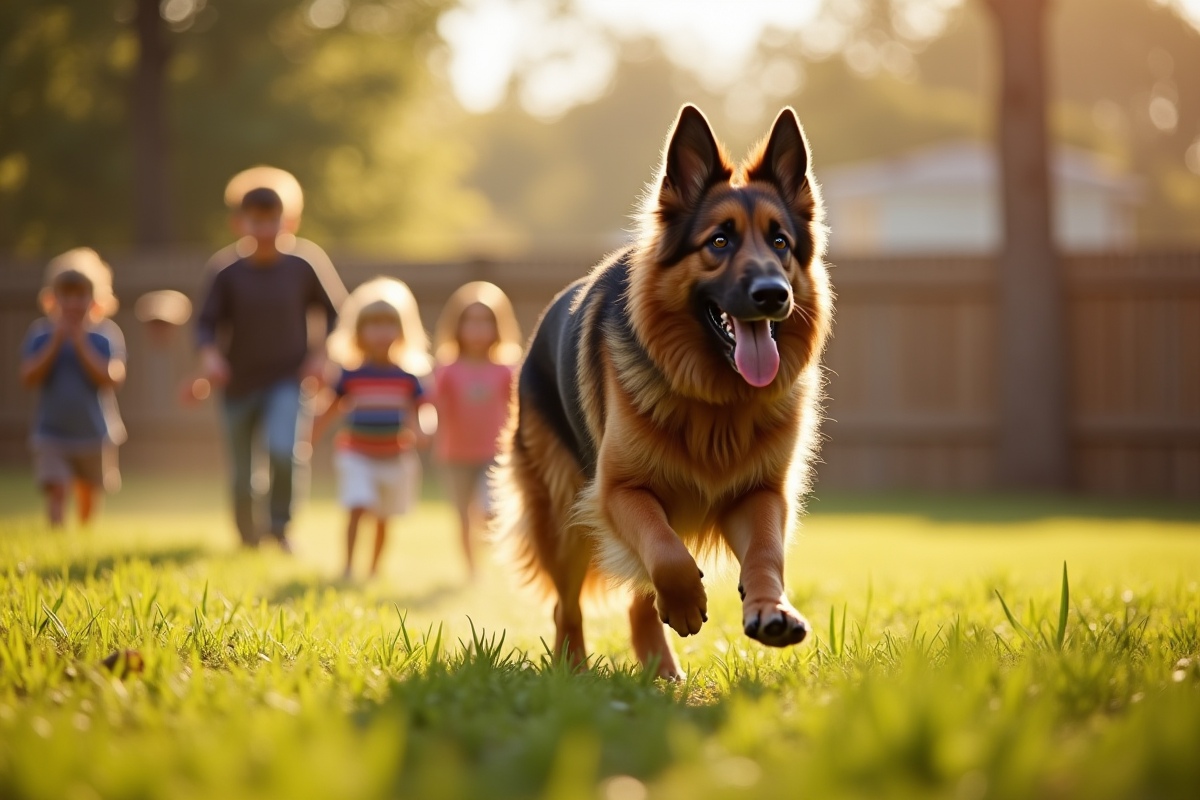 Berger allemand jouant avec des enfants dans le jardin