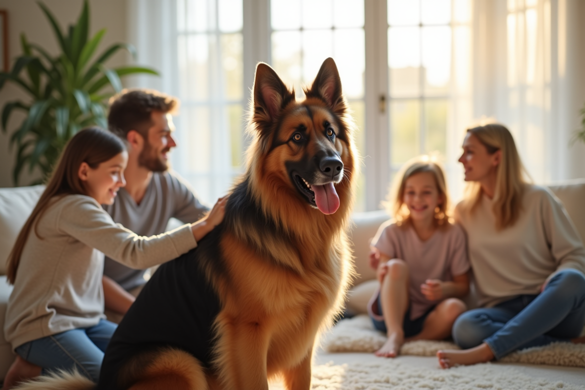 Chien berger allemand à poil long dans un salon lumineux