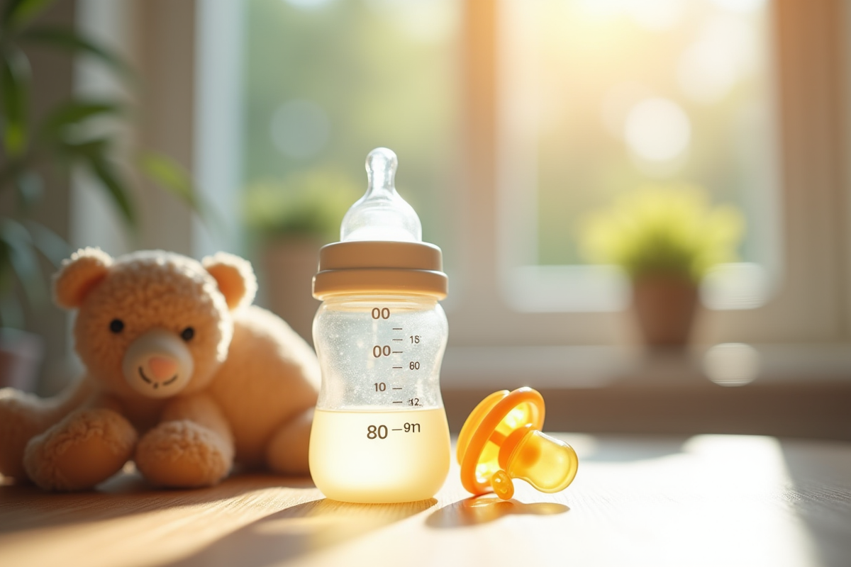 Biberon de 80 ml avec tétine et peluche sur une table en bois