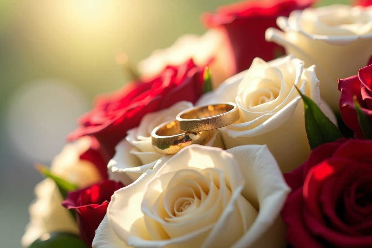 Bouquet de roses blanches et rouges avec alliances dorées