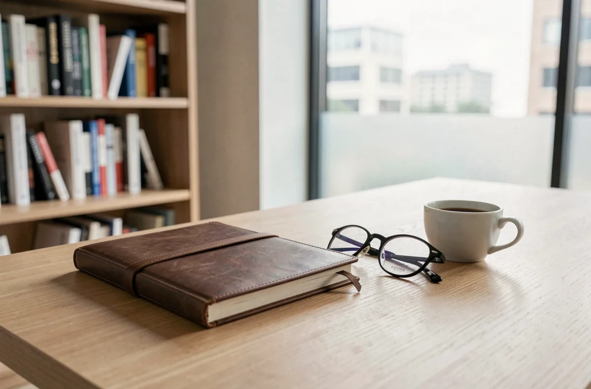 Bureau privé élégant avec agenda fermé et lunettes sur un bureau en bois, évoquant la discrétion et le respect de la vie privée d'une personnalité publique