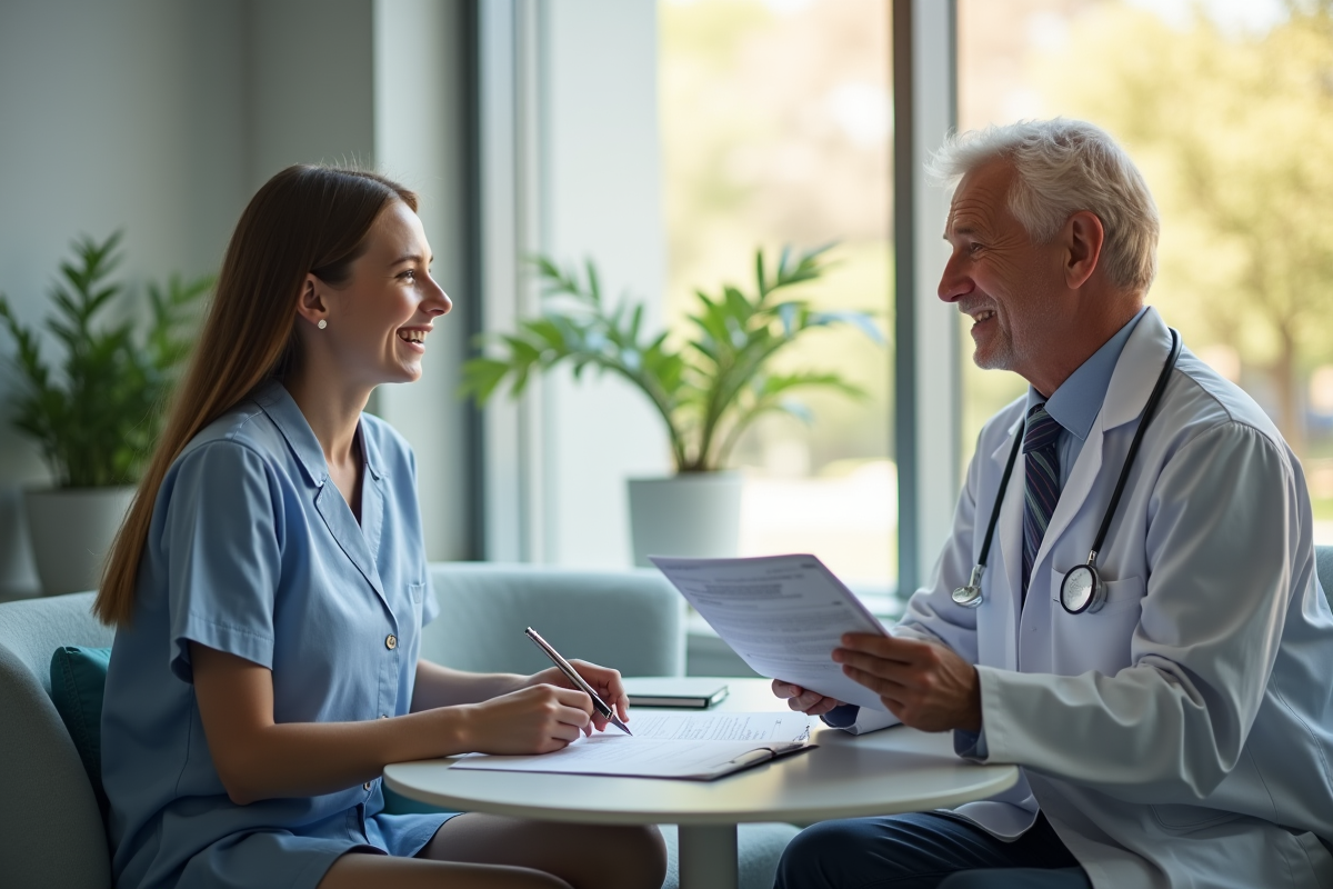Médecin remettant un carnet de santé à un adolescent souriant