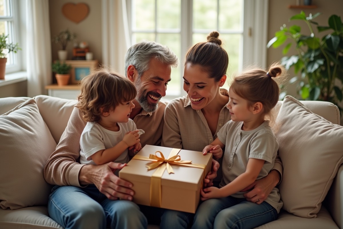 Famille échangeant cadeaux dans le salon