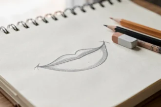 Carnet de croquis avec une esquisse de bouche souriante au crayon