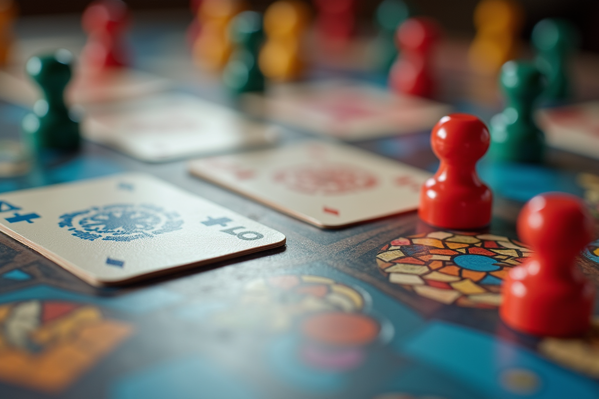 Gros plan sur cartes colorées et pions de jeu sur table