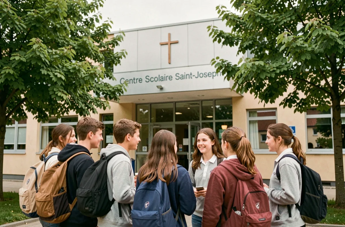 Façade du Centre Scolaire Saint-Joseph à Miribel avec des élèves devant l'entrée