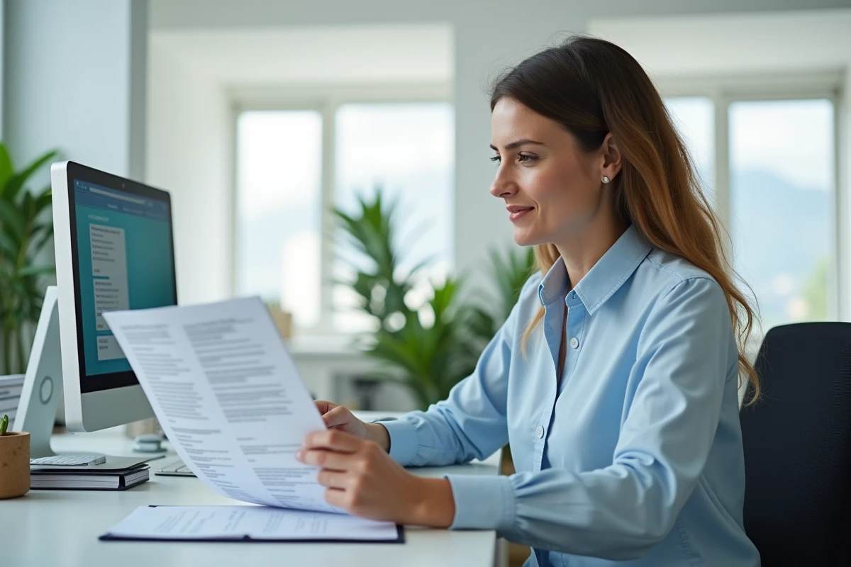 Femme consultant des documents de caisse d'allocations familiales dans un bureau administratif
