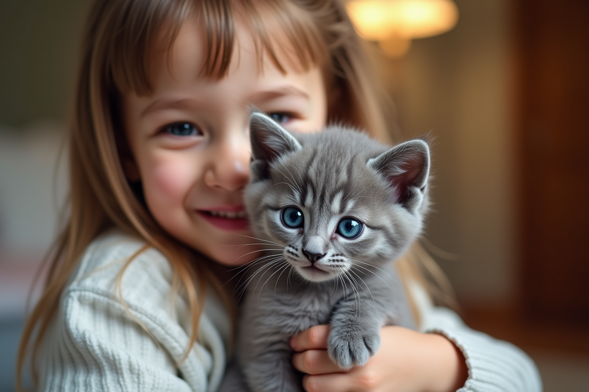 Chaton gris dans les bras d