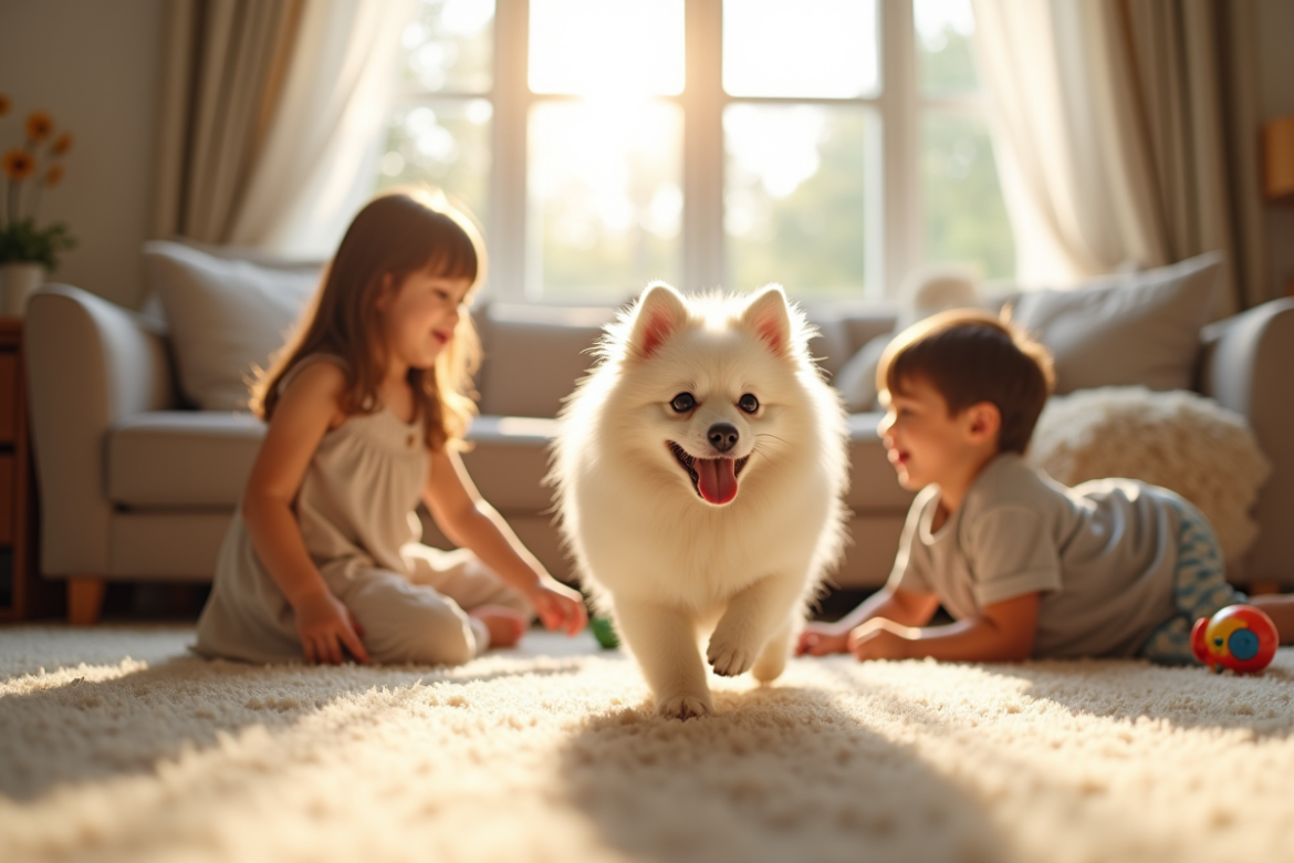 Spitz japonais heureux jouant avec des enfants dans le salon