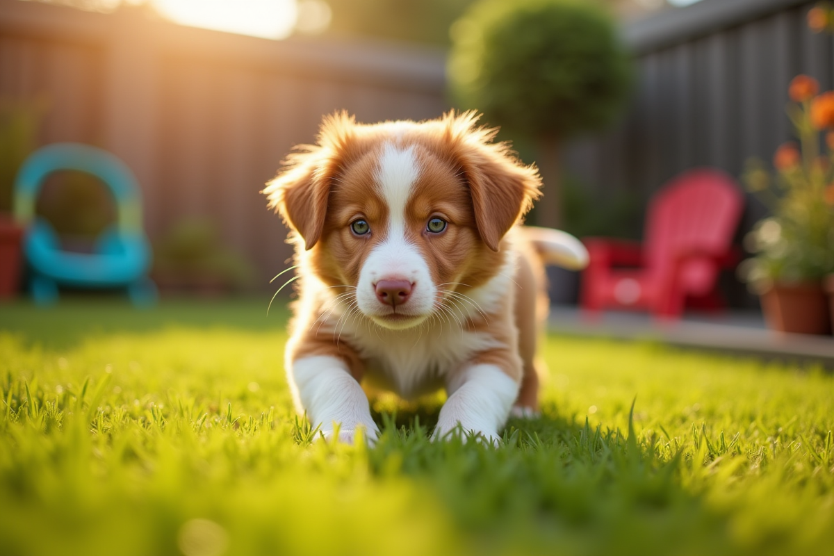 Chiot Australian Shepherd rouge explorant un jardin en fin de journée