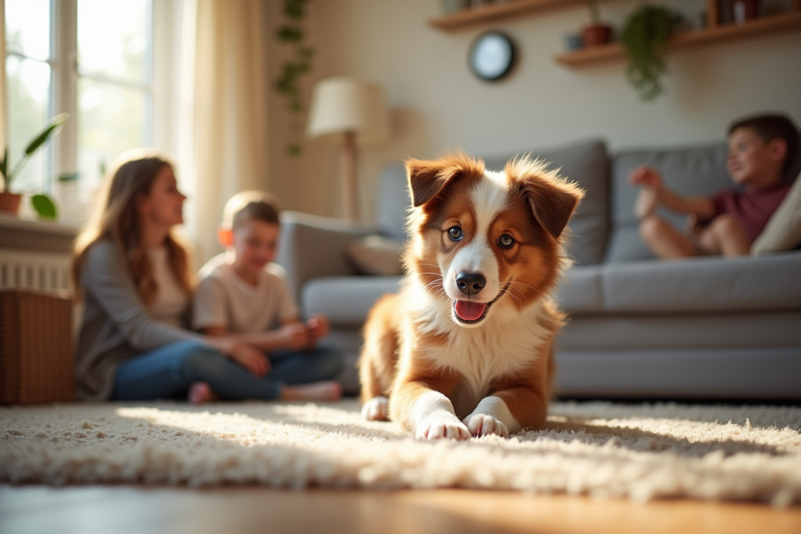 Chiot Australian Shepherd rouge jouant en famille dans un salon lumineux
