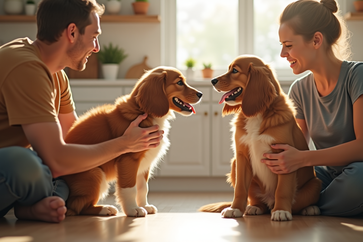 Chiot Brittany Spaniel présenté à un chien plus âgé dans une cuisine lumineuse