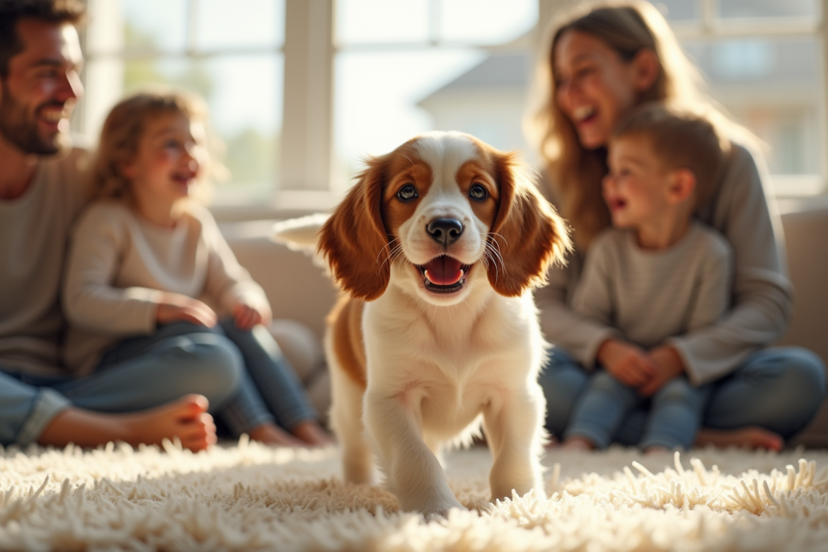 Jeune chiot Brittany Spaniel jouant avec des enfants dans un salon lumineux