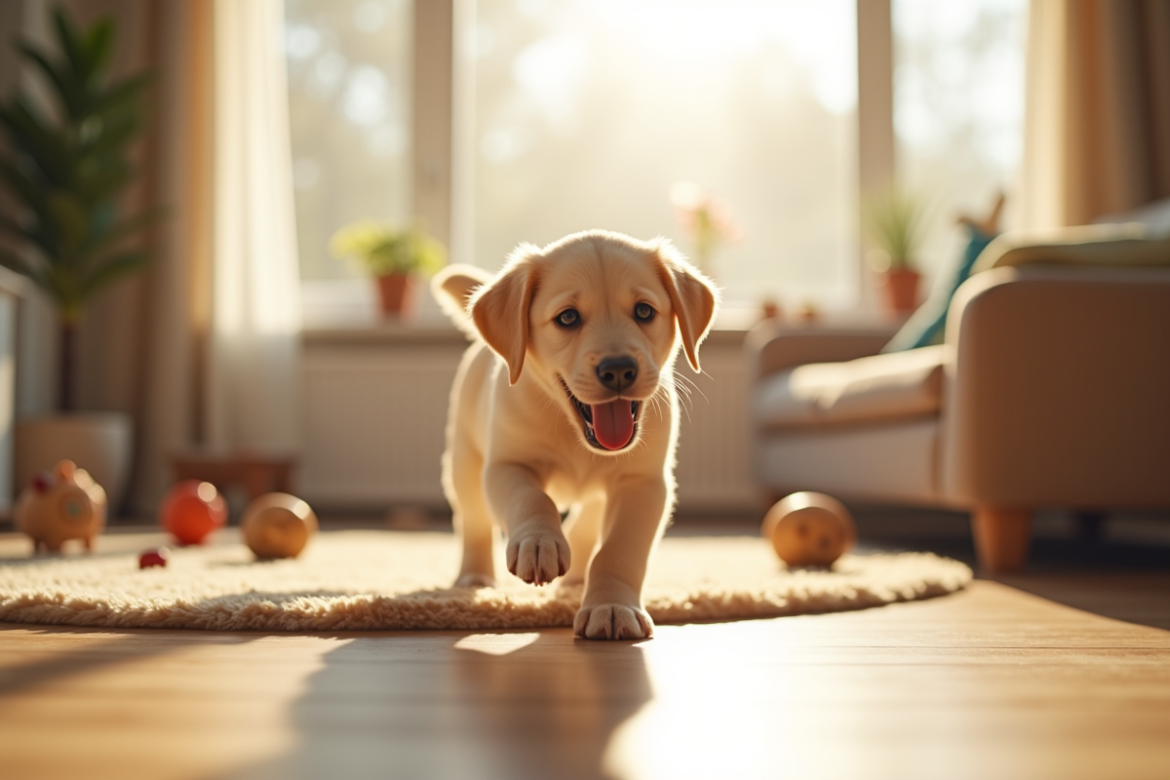 Chiot labrador joyeux dans un salon ensoleille