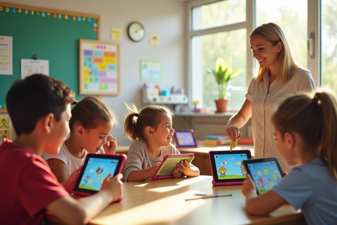 Salle de classe maternelle avec enfants utilisant des tablettes éducatives