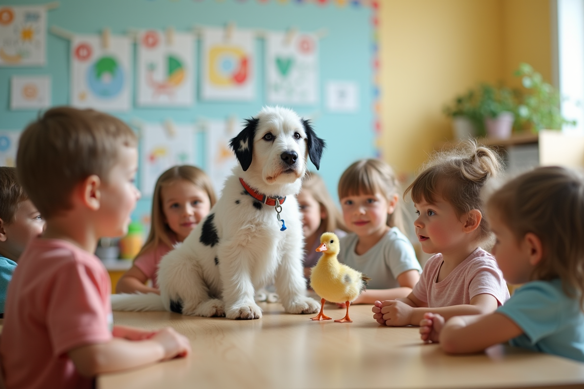 Enfants dans une classe maternelle avec un chien dalmatien et un canard