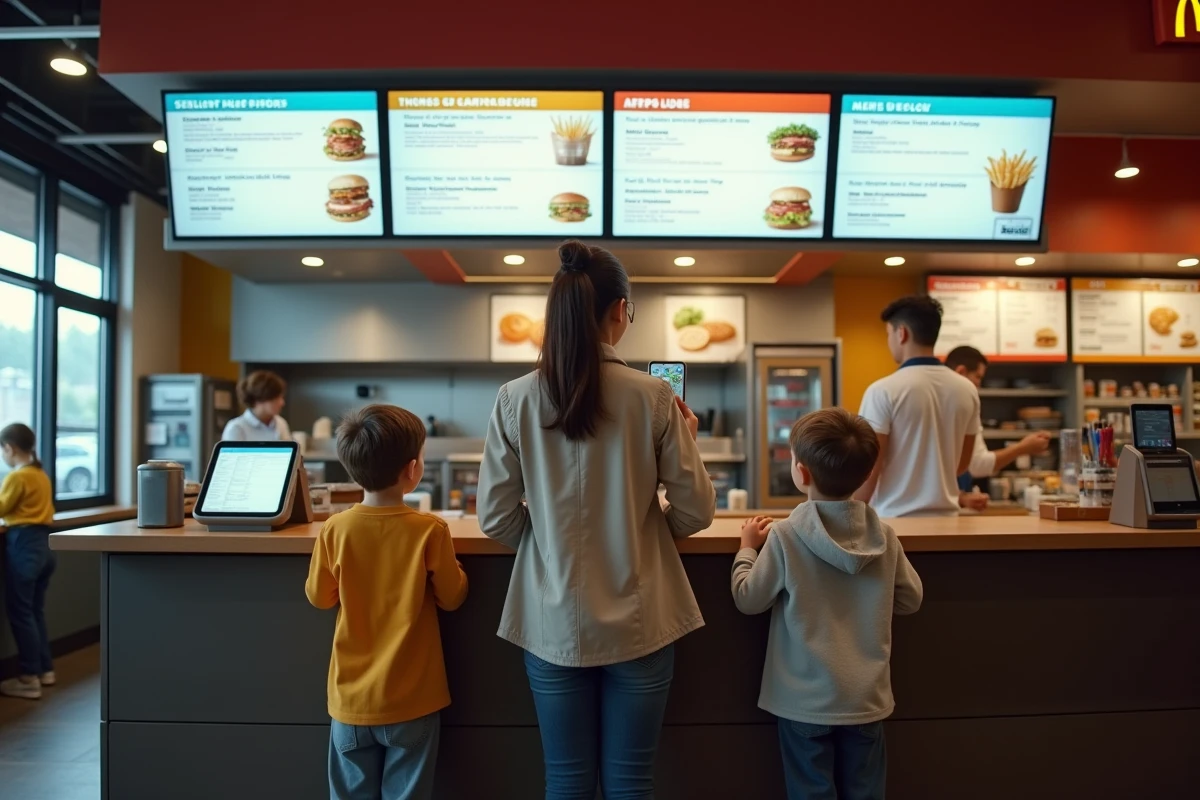Mère de famille consultant le menu digital d'un McDonald's avec ses deux enfants avant de commander un Happy Meal