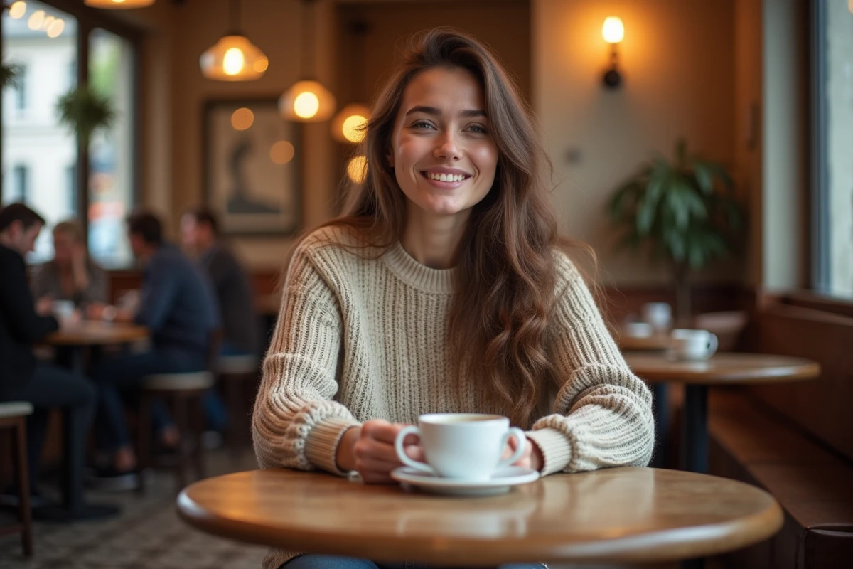 Femme souriante dans un café parisien évoquant une relation amoureuse discrète